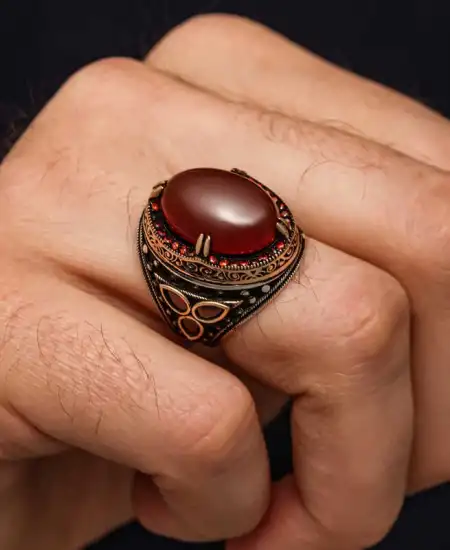 Gümüş Kırmızı Akik Taşlı Erkek Yüzük