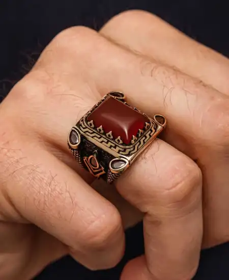 Gümüş Kırmızı Akik Taşlı Erkek Yüzük