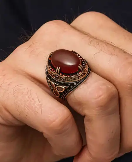 Gümüş Kırmızı Akik Taşlı Erkek Yüzük