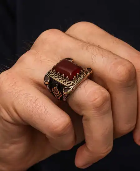 Gümüş Kırmızı Akik Taşlı Erkek Yüzük