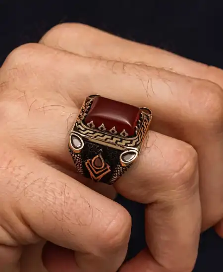 Gümüş Kırmızı Akik Taşlı Erkek Yüzük