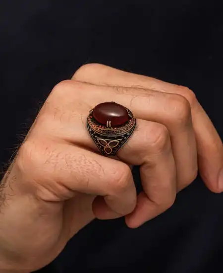 Gümüş Kırmızı Akik Taşlı Erkek Yüzük