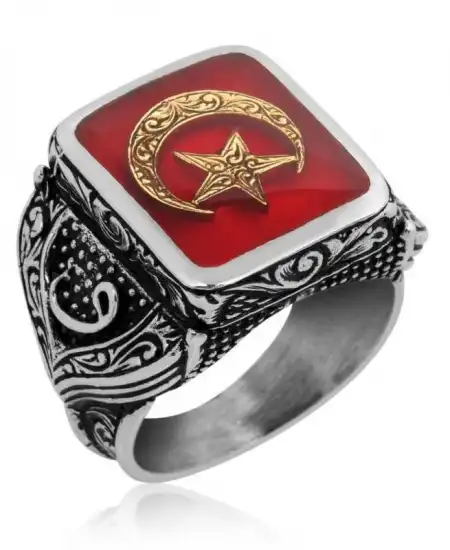 Gümüş Kırmızı Ay Yıldız Erkek Yüzük