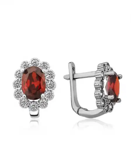 Gümüş Kırmızı Çiçek Desenli J Bayan Küpe