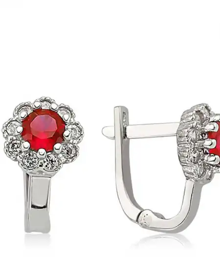 Gümüş Kırmızı Çiçek Desenli Yuvarlak J Kadın Küpe