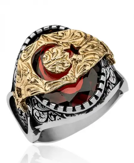 Gümüş Kırmızı Fasetli Taşlı Ay Yıldız Erkek Yüzük