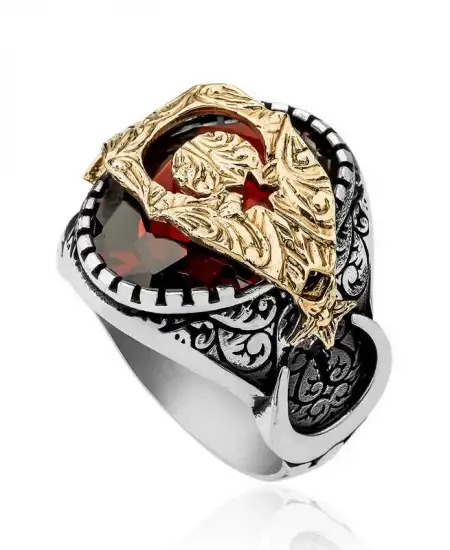 Gümüş Kırmızı Fasetli Taşlı Ay Yıldız Erkek Yüzük