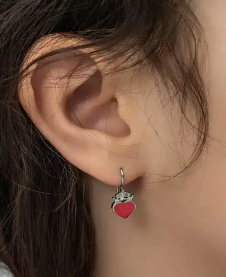 Gümüş Kırmızı Kalp Sallantılı Çocuk Küpe