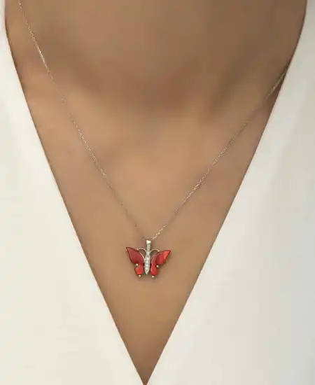 Gümüş Kırmızı Kaplangözü Taşlı Kelebek Kolye