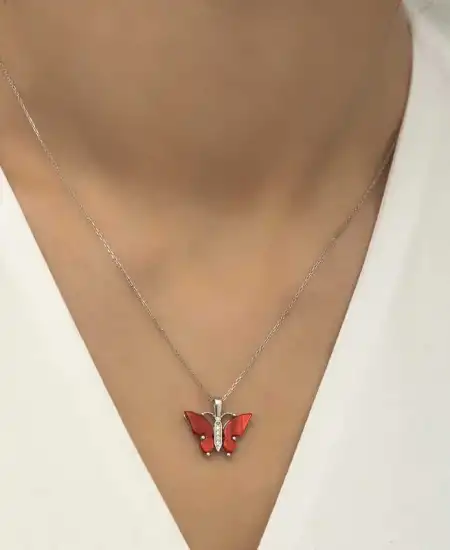 Gümüş Kırmızı Kaplangözü Taşlı Kelebek Kolye