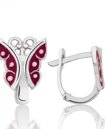 Gümüş Kırmızı Kelebek Çocuk Küpesi