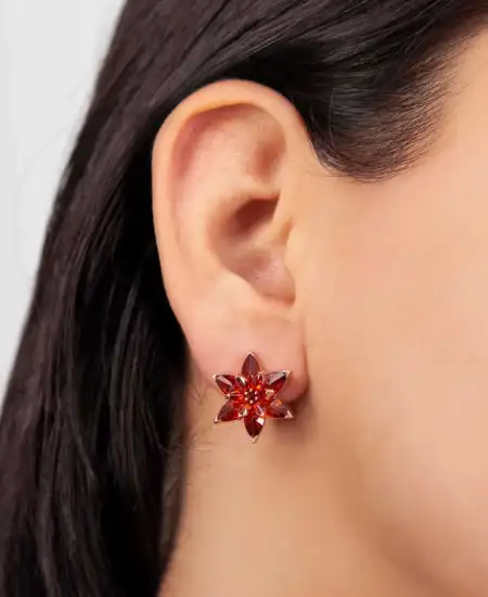 Gümüş Kırmızı Lotus Çiçeği Çivili Küpe