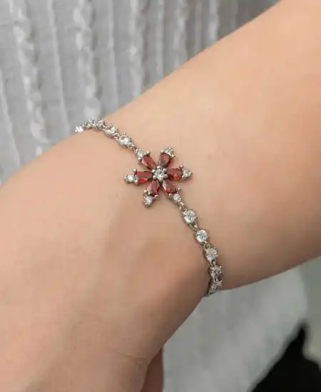 Gümüş Kırmızı Lotus Çiçeği Su Yolu Kadın Bileklik