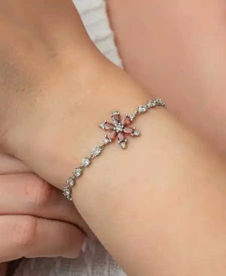 Gümüş Kırmızı Lotus Çiçeği Su Yolu Kadın Bileklik