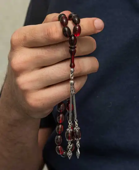 Gümüş Kırmızı Siyah Ateş Kehribar Tesbih