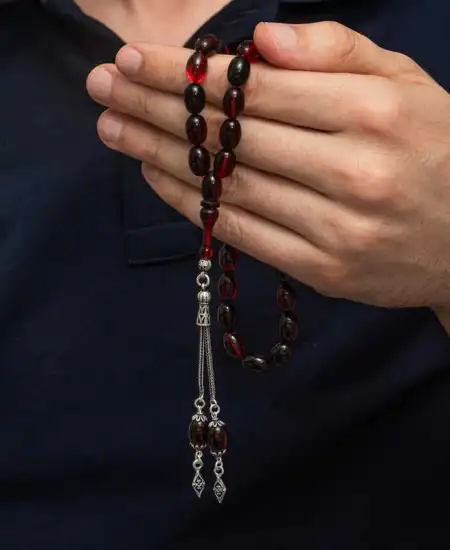 Gümüş Kırmızı Siyah Ateş Kehribar Tesbih