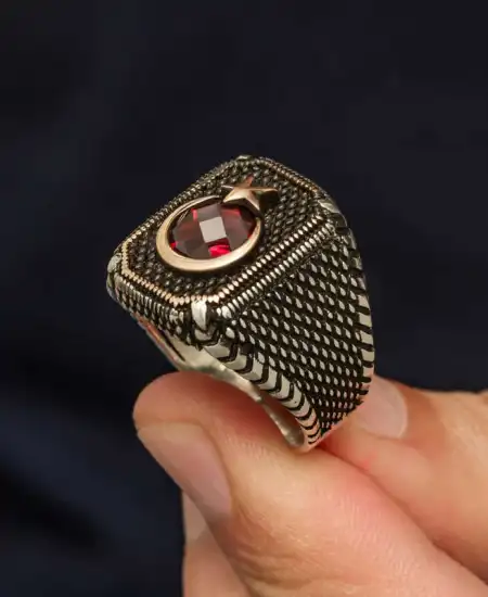 Gümüş Kırmızı Taşlı Ay Yıldız Erkek Yüzük