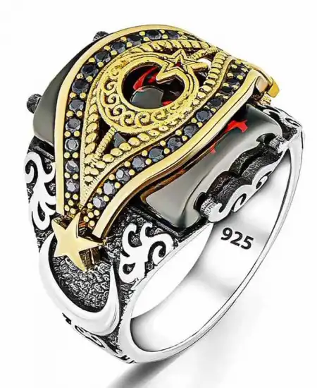 Gümüş Kırmızı Taşlı Ay Yıldız Erkek Yüzük