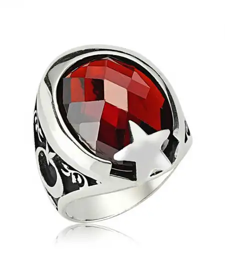 Gümüş Kırmızı Taşlı Ay Yıldız Erkek Yüzük