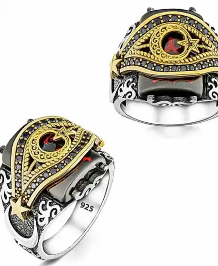 Gümüş Kırmızı Taşlı Ay Yıldız Erkek Yüzük