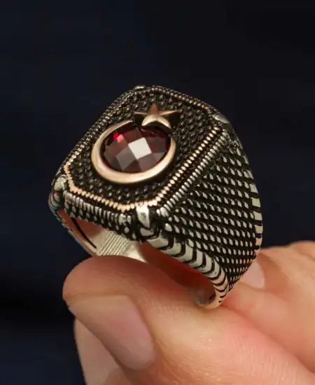 Gümüş Kırmızı Taşlı Ay Yıldız Erkek Yüzük