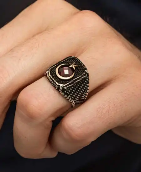 Gümüş Kırmızı Taşlı Ay Yıldız Erkek Yüzük