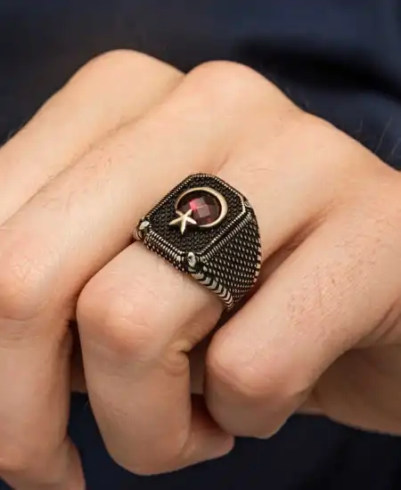 Gümüş Kırmızı Taşlı Ay Yıldız Erkek Yüzük