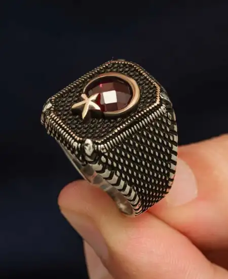 Gümüş Kırmızı Taşlı Ay Yıldız Erkek Yüzük