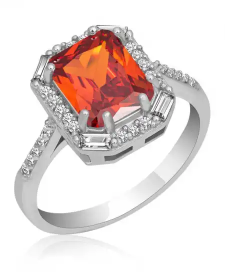 Gümüş Kırmızı Taşlı Baget Kare Kadın Yüzük