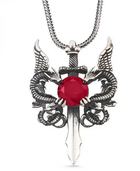 Gümüş Kırmızı Taşlı Ejderha Erkek Kılıç Kolye