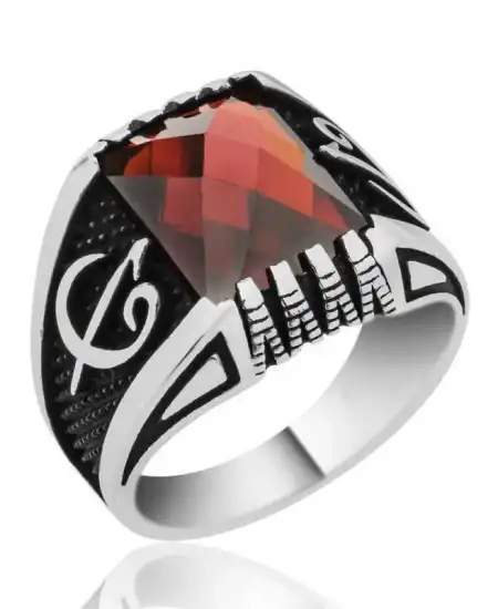 Gümüş Kırmızı Taşlı Elif Vav Erkek Yüzük