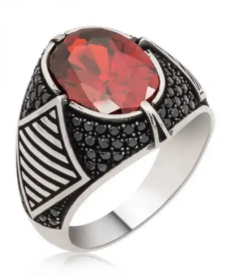 Gümüş Kırmızı Taşlı Erkek Yüzük