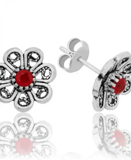 Gümüş Kırmızı Telkari Çiçek Çivili Küpe