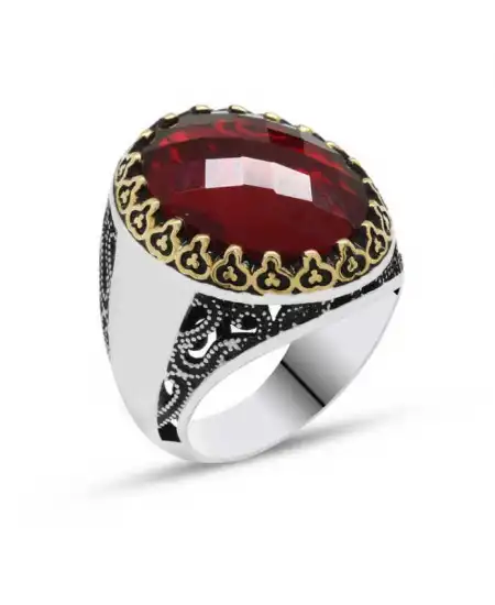 Gümüş Kırmızı Zirkon Taşlı Erkek Yüzük