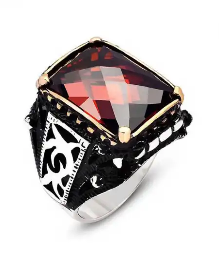 Gümüş Kırmızı Zirkon Taşlı Erkek Yüzük