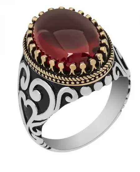 Gümüş Kırmızı Zirkon Taşlı Erkek Yüzük