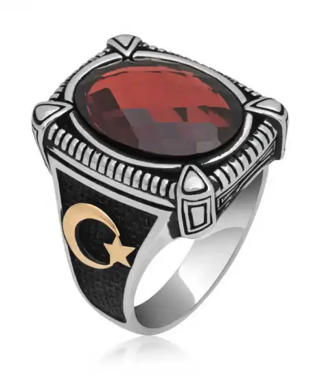 Gümüş Kırmızı Zirkon Taşlı Erkek Yüzük