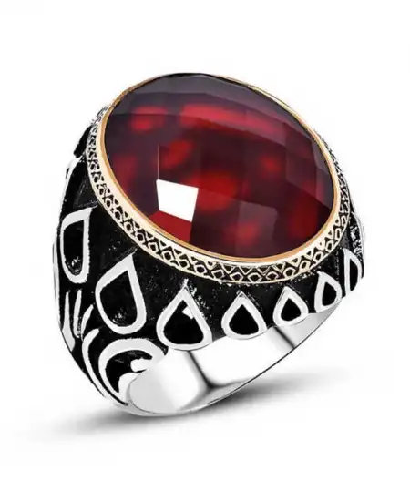 Gümüş Kırmızı Zirkon Taşlı Erkek Yüzük