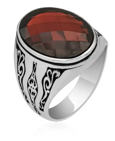 Gümüş Kırmızı Zirkon Taşlı Erkek Yüzük