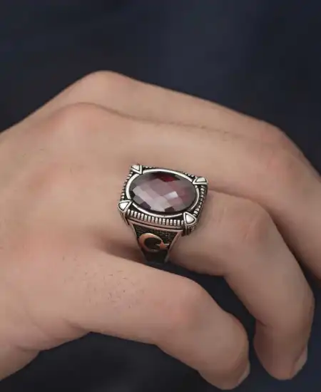 Gümüş Kırmızı Zirkon Taşlı Erkek Yüzük