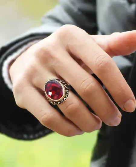 Gümüş Kırmızı Zirkon Taşlı Erkek Yüzük