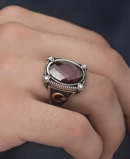 Gümüş Kırmızı Zirkon Taşlı Erkek Yüzük