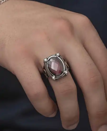 Gümüş Kırmızı Zirkon Taşlı Erkek Yüzük