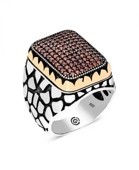 Gümüş Kırmızı Zirkon Taşlı Kare Erkek Yüzük