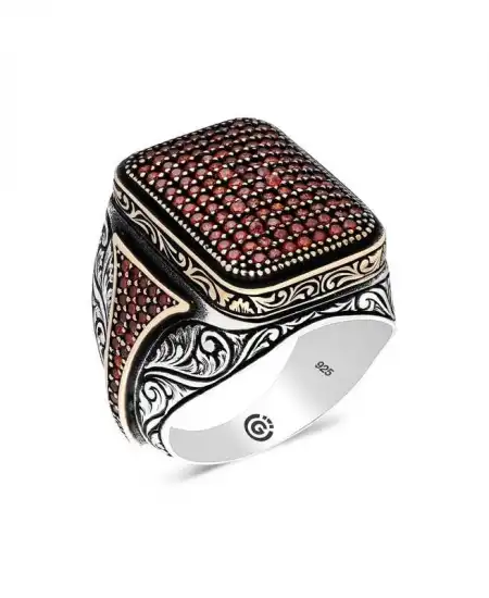 Gümüş Kırmızı Zirkon Taşlı Kare Erkek Yüzük