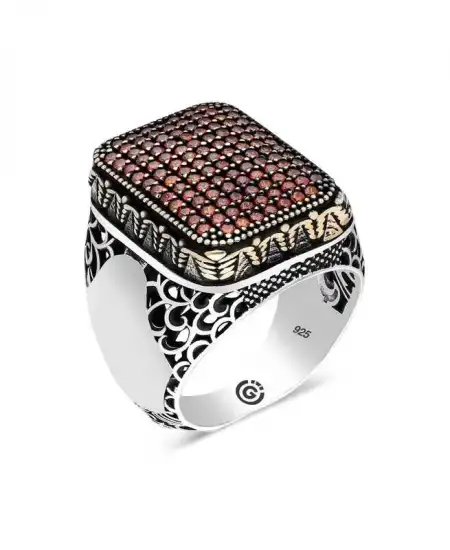 Gümüş Kırmızı Zirkon Taşlı Kare Erkek Yüzük
