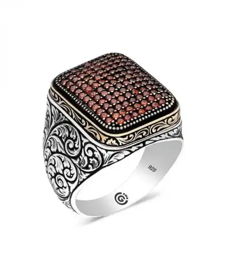 Gümüş Kırmızı Zirkon Taşlı Kare Erkek Yüzük