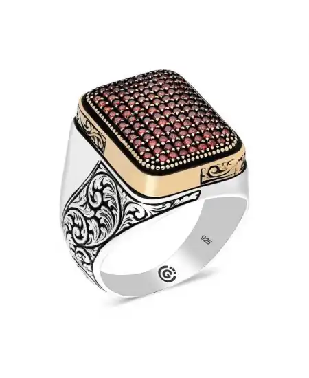 Gümüş Kırmızı Zirkon Taşlı Kare Erkek Yüzük