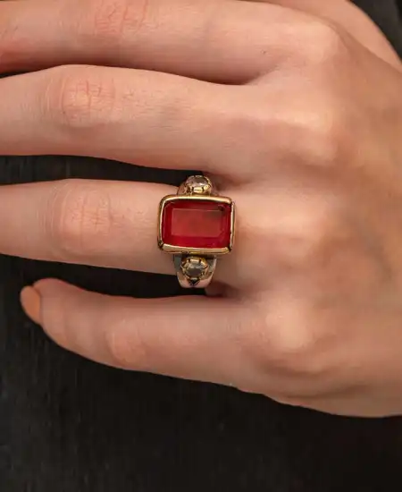 Gümüş Kırmızı Zirkon Taşlı Otantik Kadın Yüzük