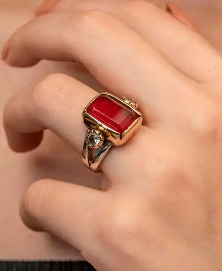 Gümüş Kırmızı Zirkon Taşlı Otantik Kadın Yüzük